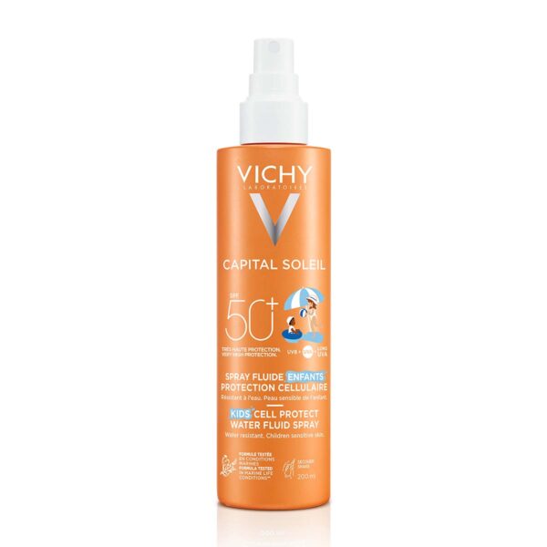 Vichy Capital Soleil Otroški Fluid na vodni osnovi v pršilu za zaščito kožnih celic ZF50+, 200 ml