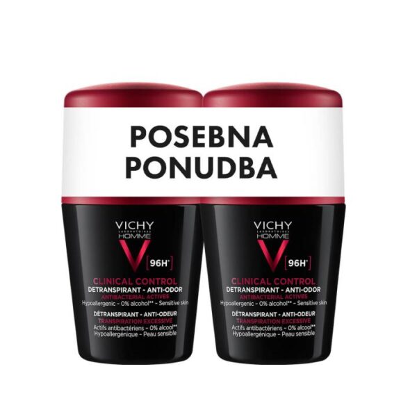 Vichy Homme Clinical Control Dezodorant detranspirant proti neprijetnemu vonju (96 h) roll-on, 2 x 50 ml Vichy Homme Clinical Control Dezodorant detranspirant proti neprijetnemu vonju (96 h) roll-on, 2 x 50 ml
