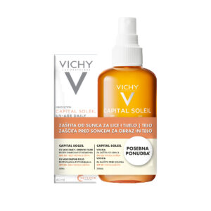 Vichy Capital Soleil paket: UV-Age dnevni fluid za obraz ZF50+ (40 ml) in Tonirana vodica za zaščito pred soncem ZF30 (200 ml)