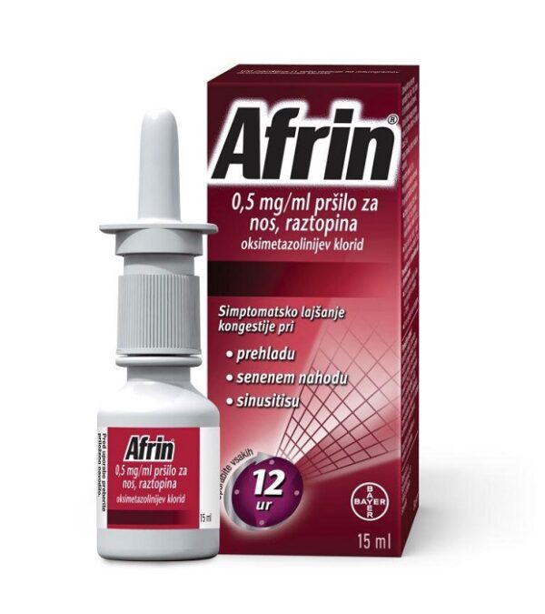 Afrin 0,5 mg/ml pršilo za nos, raztopina, 15 ml Afrin 0,5 mg/ml pršilo za nos, raztopina, 15 ml