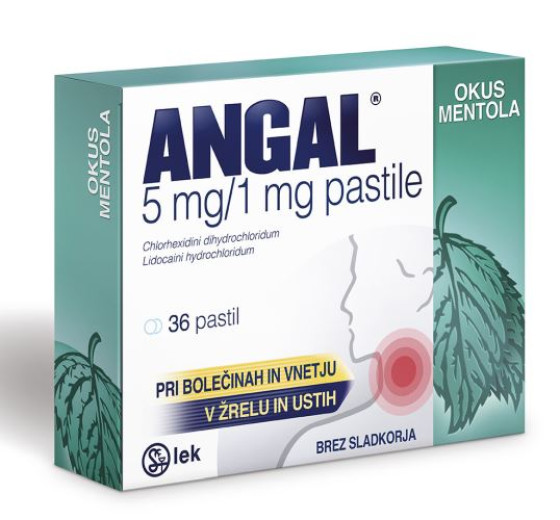 Angal pastile 5 mg/1 mg z okusom mentola, 36 pastil Angal pastile 5 mg/1 mg z okusom mentola, 36 pastil