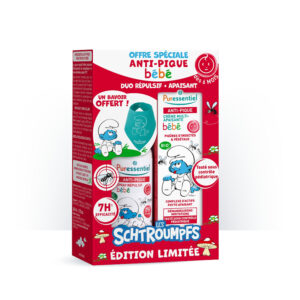 Puressentiel Anti-Sting Baby Smurfs paket: Repelent v pršilu za dojenčke in otroke (60 ml) + Pomirjevalna krema za dojenčke (30 ml)