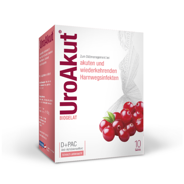 Biogelat UroAkut – manoza in ameriška brusnica, 10 vrečk po 4 g granulata