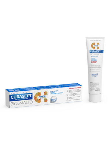 Curasept Biosmalto CAE Junior zobna pasta za otroke stare od 7 do 12 let s fluoridom in sadnim okusom, 75 ml Curasept Biosmalto CAE Junior zobna pasta za otroke stare od 7 do 12 let s fluoridom in sadnim okusom, 75 ml