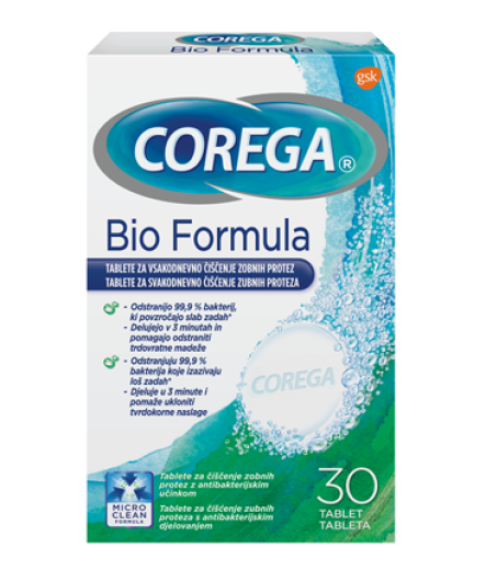 Corega Bio Formula tablete za čiščenje zobnih protez, 30 tablet Corega Bio Formula tablete za čiščenje zobnih protez, 30 tablet