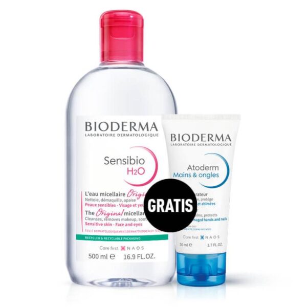 Bioderma paket: Sensibio H2O micelarni losjon za čiščenje (500 ml) + Atoderm krema za roke (50 ml) Bioderma paket: Sensibio H2O micelarni losjon za čiščenje (500 ml) + Atoderm krema za roke (50 ml)