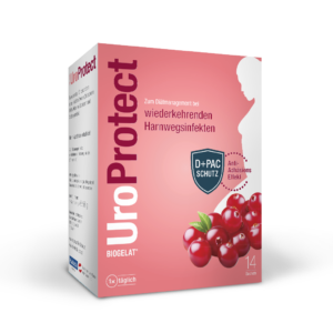 Biogelat UroProtect – manoza in ameriška brusnica, 14 vrečk po 4 g granulata