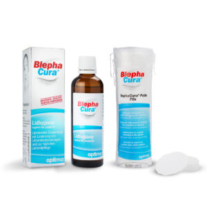 Blepha Cura paket: Liposomska suspenzija za veke (70 ml) + bombažne blazinice (70 blazinic)