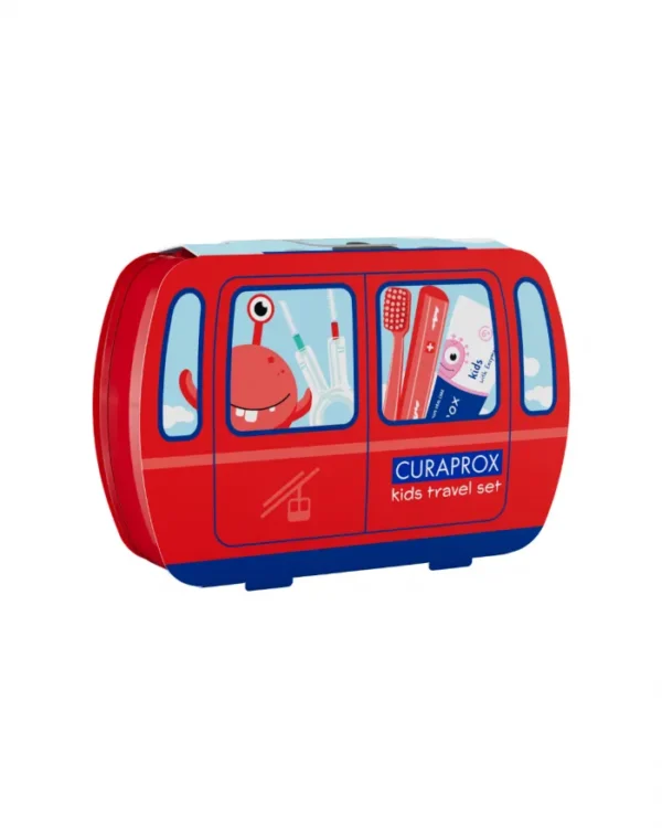 Curaprox Kids potovalni set (rdeč, 6–12 let): zobna ščetka, zobna pasta in 2 medzobni ščetki z držalom Curaprox Kids potovalni set (rdeč, 6–12 let): zobna ščetka, zobna pasta in 2 medzobni ščetki z držalom