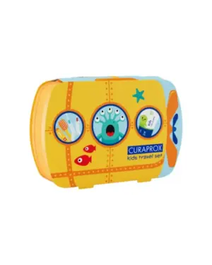 Curaprox Kids potovalni set (oranžen, 6–12 let): zobna ščetka, zobna pasta in 2 medzobni ščetki z držalom