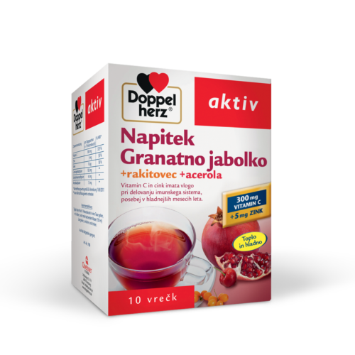 Doppelherz Aktiv Granatno jabolko + rakitovec + acerola zrnca za vroči ali hladni napitek, 10 vrečic Doppelherz Aktiv Granatno jabolko + rakitovec + acerola zrnca za vroči ali hladni napitek, 10 vrečic
