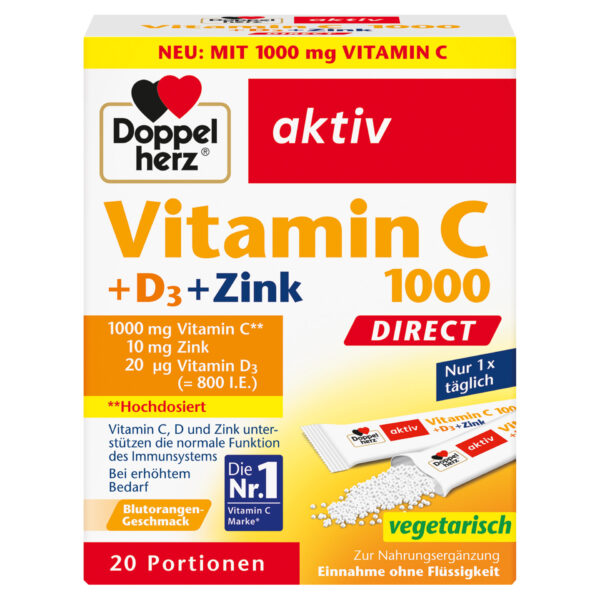 Doppelherz Aktiv Vitamin C 1000 + D3 + cink Direkt prašek, 20 vrečk Doppelherz Aktiv Vitamin C 1000 + D3 + cink Direkt prašek, 20 vrečk
