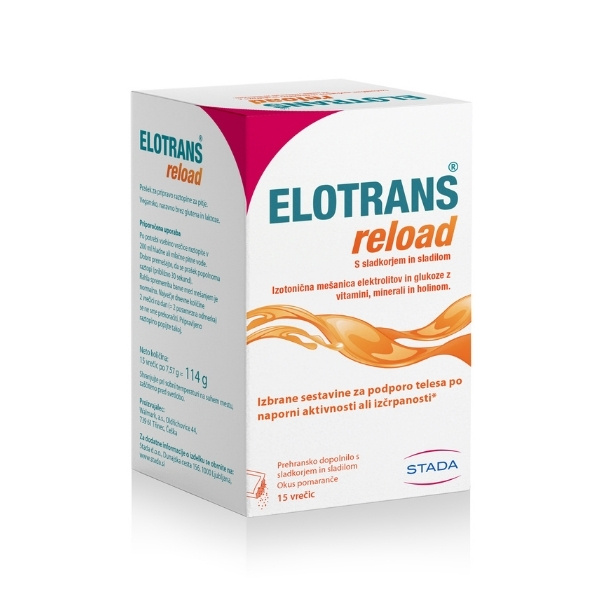 Elotrans Reload pomaranča - izotonična mešanica elektrolitov in glukoze, 15 vrečk Elotrans Reload pomaranča - izotonična mešanica elektrolitov in glukoze, 15 vrečk