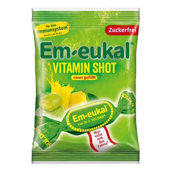 Dr. Soldan Em-Eukal Vitamin Shot kisli trdi polnjeni bonboni brez sladkorja, 75 g 