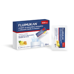 Fluimukan 600 mg prašek za peroralno raztopino z okusom medu in limone, 10 vrečk