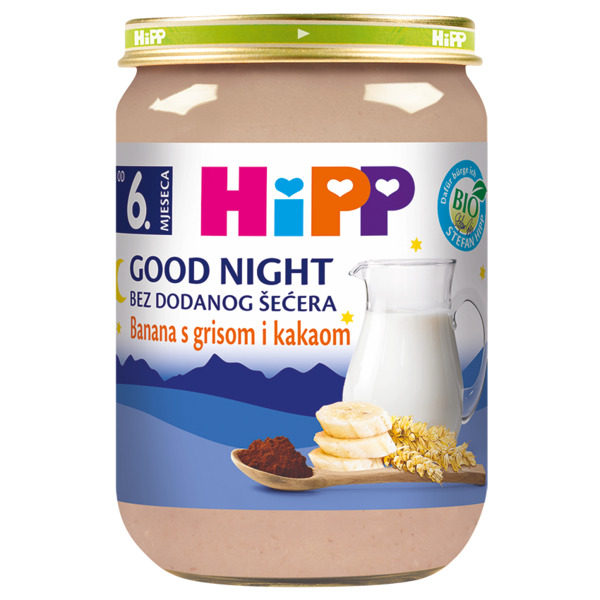 HiPP Good Night zdrob z mlečnim pripravkom, banano in kakavom BIO, 190 g HiPP Good Night zdrob z mlečnim pripravkom, banano in kakavom BIO, 190 g