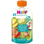 HiPP HiPPiS sadna blazinica jabolko, banana, mango, kokos in ovseni kosmiči BIO, 100 g
