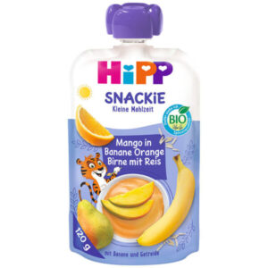 HiPP Snackie banana, hruška, mango, pomaranča in riž BIO, 120 ml