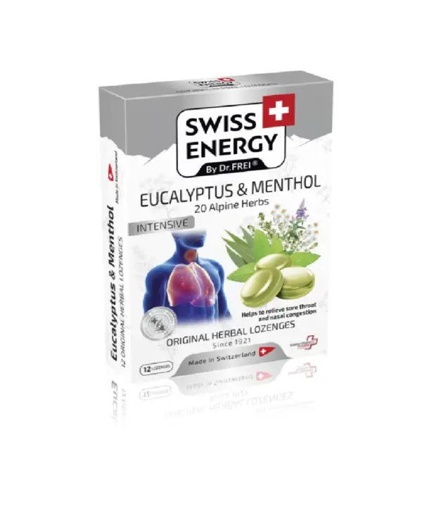Swiss Energy Intensive zeliščne pastile z 20 zelišči, mentolom in evkaliptom,12 pastil Swiss Energy Intensive zeliščne pastile z 20 zelišči, mentolom in evkaliptom,12 pastil