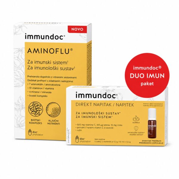 Immundoc Duo Imun paket: Direkt napitek, 12 stekleničk + Aminoflu prašek za napitek, 3 vrečke Immundoc Duo Imun paket: Direkt napitek, 12 stekleničk + Aminoflu prašek za napitek, 3 vrečke