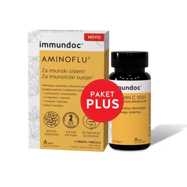 Immundoc paket plus: Aminoflu prašek, 10 vrečk + Vitamin C 1000 mg tablete, 90 tablet Immundoc paket plus: Aminoflu prašek, 10 vrečk + Vitamin C 1000 mg tablete, 90 tablet