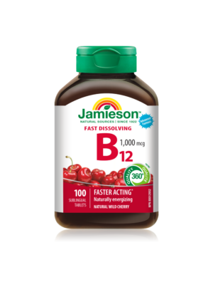 Jamieson Vitamin B12 1000 μg podjezične tablete z okusom češnje, 100  tablet