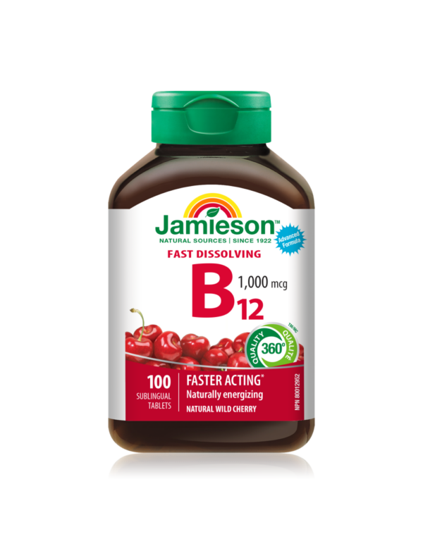 Jamieson Vitamin B12 1000 μg podjezične tablete z okusom češnje, 100 tablet Jamieson Vitamin B12 1000 μg podjezične tablete z okusom češnje, 100 tablet