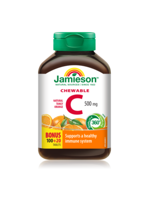 Jamieson Vitamin C 500 mg žvečljive tablete z naravnim okusom pomaranče, 120 tablet