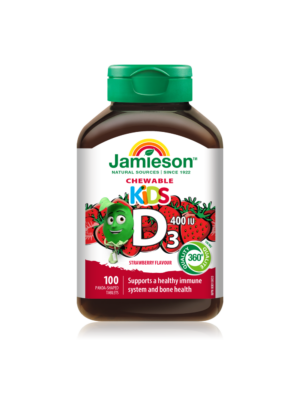 Jamieson Vitamin D 400 I.E. žvečljive tablete za otroke z naravnim okusom jagode, 100 tablet