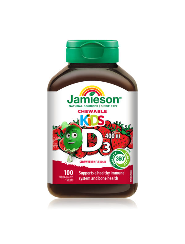 Jamieson Vitamin D 400 I.E. žvečljive tablete za otroke z naravnim okusom jagode, 100 tablet