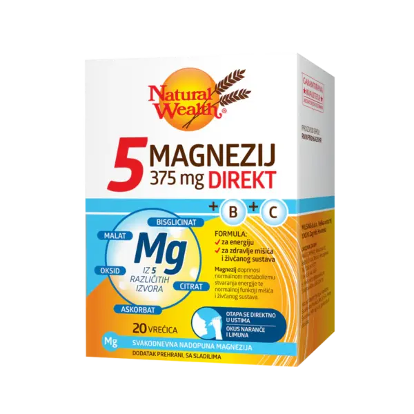 Natural Wealth 5 Magnezij 375 mg Direkt + B + C vrečke, 20 vrečk Natural Wealth 5 Magnezij 375 mg Direkt + B + C vrečke, 20 vrečk