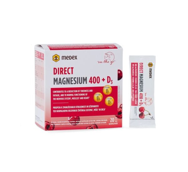 Medex Magnezij Direct 400 + D3 prašek v vrečkah divja češnja, 20 vrečk Medex Magnezij Direct 400 + D3 prašek v vrečkah divja češnja, 20 vrečk