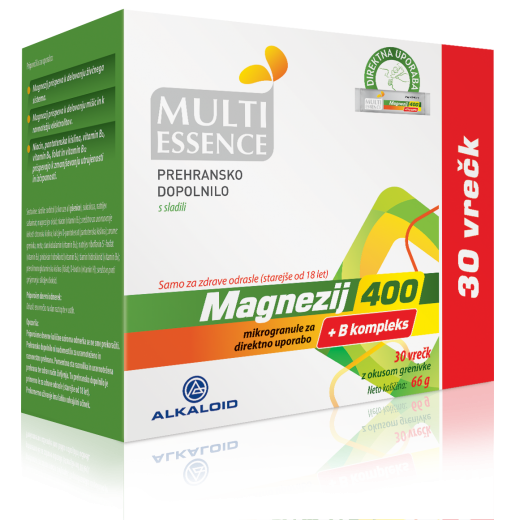 Multi Essence Magnezij 400 + B kompleks mikrogranule za direktno uporabo, 30 vrečk Multi Essence Magnezij 400 + B kompleks mikrogranule za direktno uporabo, 30 vrečk