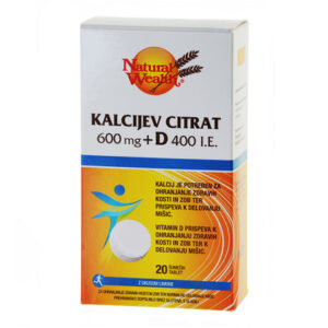 Natural Wealth Kalcijev citrat 600 mg + Vitamin D 400 I.E šumeče tablet, 20 tablet