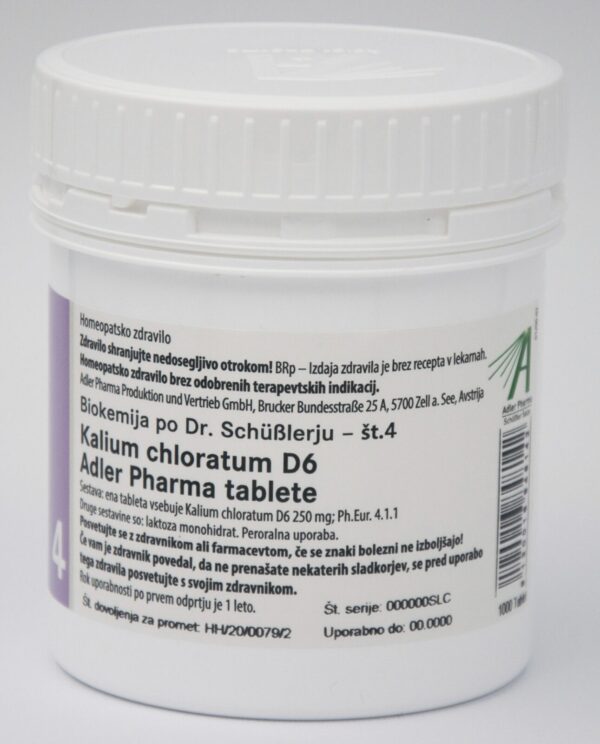 Schüsslerjeva sol št. 4 Kalium chloratum D6, 1000 tablet Schüsslerjeva sol št. 4 Kalium chloratum D6, 1000 tablet
