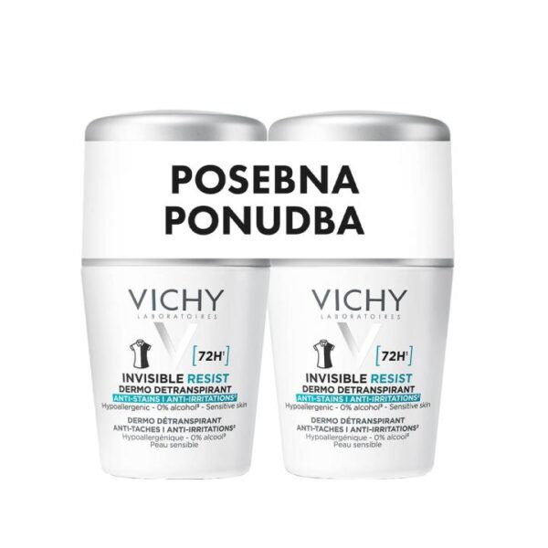 Vichy Deo Invisible Resist dezodorant antitranspirant proti madežem in razdraženosti 72h roll-on, 2x 50 ml Vichy Deo Invisible Resist dezodorant antitranspirant proti madežem in razdraženosti 72h roll-on, 2x 50 ml