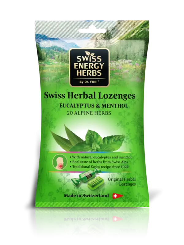 Swiss Energy Herbs zeliščne pastile z 20 zelišči, mentolom in evkaliptom, 12 pastil