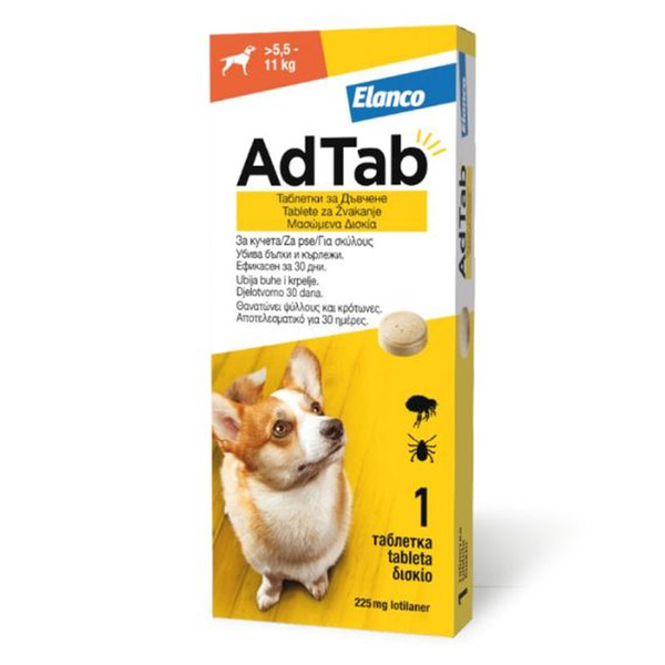 AdTab 225 mg žvečljive tablete za pse (> 5,5 - 11 kg), 1 tableta AdTab 225 mg žvečljive tablete za pse (> 5,5 - 11 kg), 1 tableta
