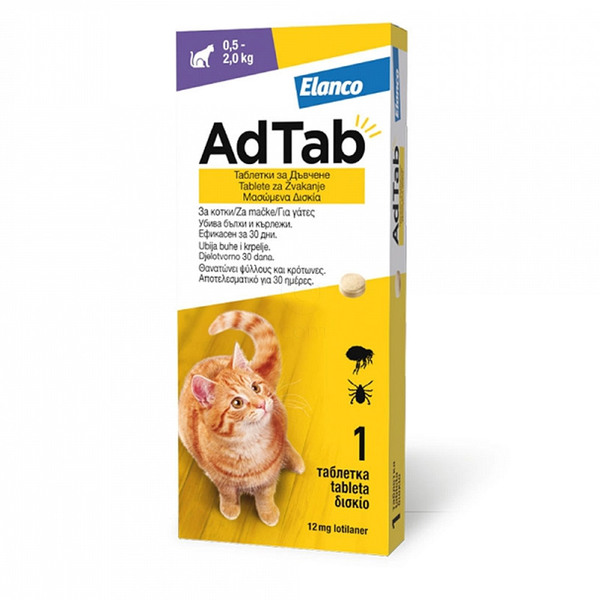 AdTab 12 mg žvečljive tablete za mačke (0,5–2,0 kg), 1 tableta AdTab 12 mg žvečljive tablete za mačke (0,5–2,0 kg), 1 tableta