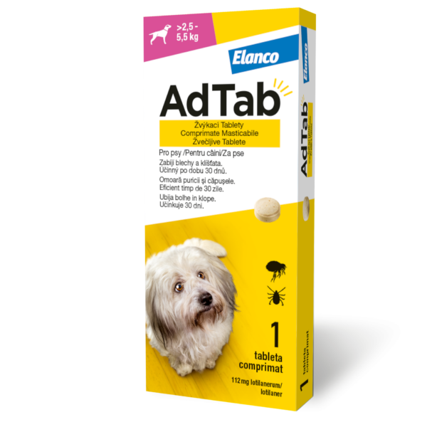 AdTab 112 mg žvečljive tablete za pse (> 2,5 - 5,5 kg), 1 tableta AdTab 112 mg žvečljive tablete za pse (> 2,5 - 5,5 kg), 1 tableta