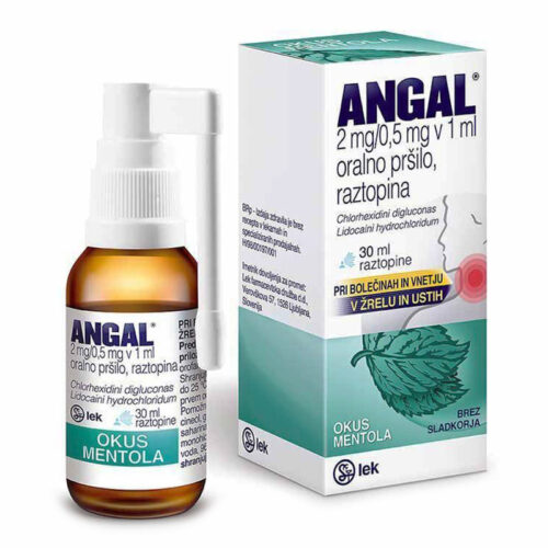 Angal 2 mg/0,5 mg v 1 ml oralno pršilo, raztopina z okusom mentola, 30 ml Angal 2 mg/0,5 mg v 1 ml oralno pršilo, raztopina z okusom mentola, 30 ml
