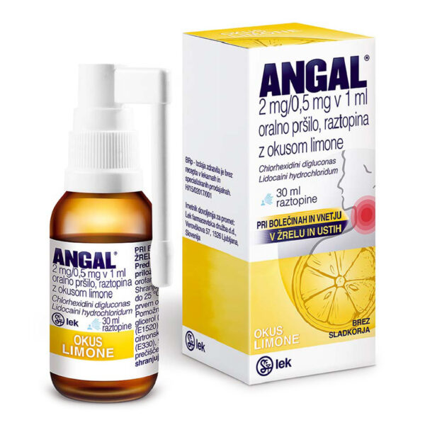 Angal 2 mg/0,5 mg v 1 ml oralno pršilo, raztopina z okusom limone, 30 ml Angal 2 mg/0,5 mg v 1 ml oralno pršilo, raztopina z okusom limone, 30 ml