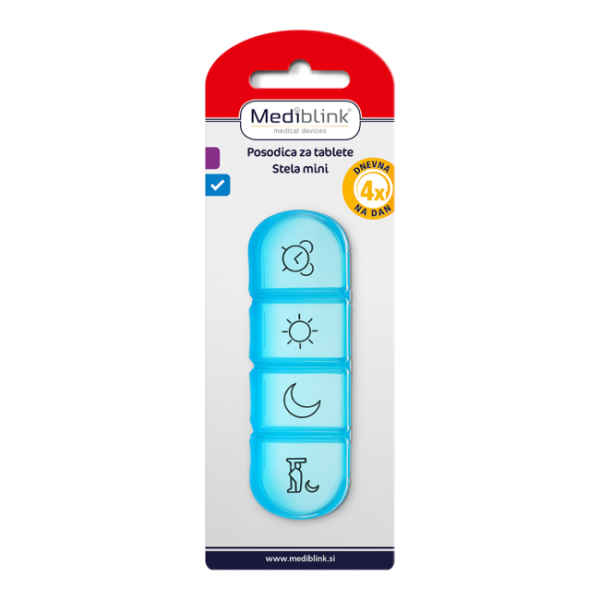 Mediblink M020 Stela mini dnevna posodica za tablete modra – 4x/dan, 1 kos Mediblink M020 Stela mini dnevna posodica za tablete modra – 4x/dan, 1 kos