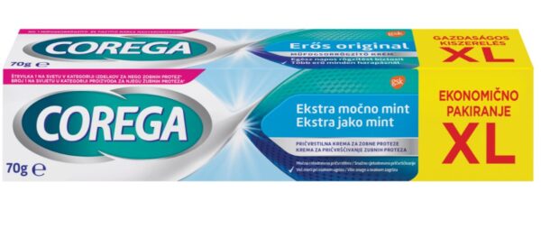 Corega Ekstra Močno Mint pričvrstilna krema za zobne proteze, 70 g Corega Ekstra Močno Mint pričvrstilna krema za zobne proteze, 70 g