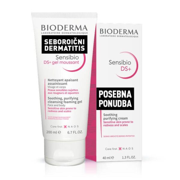 Bioderma Sensibio DS+ paket: Čistilni gel za pomiritev občutljive kože (200 ml) + Pomirjujoča krema za občutljivo kožo (40 ml)