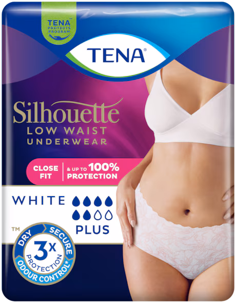 Tena Silhouette Plus inkontinenčne hlačke z nizkim pasom bele barve – Medium, 12 hlačk Tena Silhouette Plus inkontinenčne hlačke z nizkim pasom bele barve – Medium, 12 hlačk
