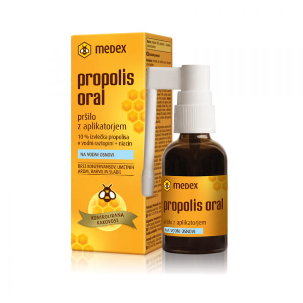 Medex Propolis oral na vodni osnovi pršilo z aplikatorjem, 30 ml Medex Propolis oral na vodni osnovi pršilo z aplikatorjem, 30 ml